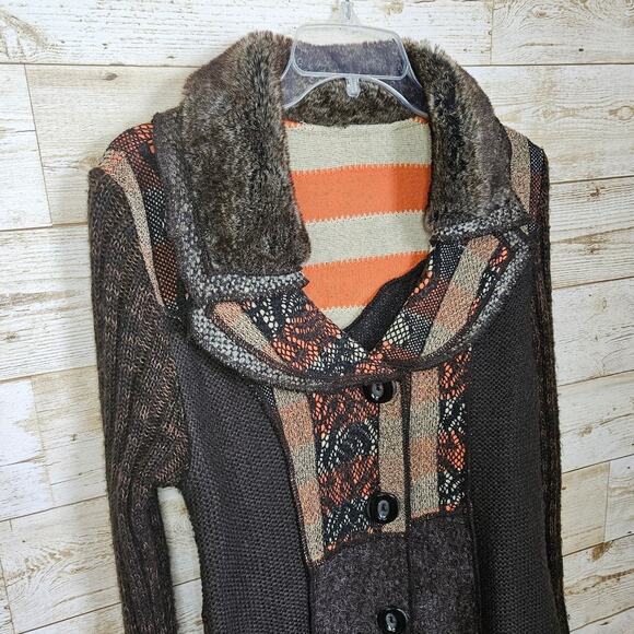 Sioni Sweater Coat Size Medium Cardigan Wool Mohair Brown Boho Cottage Patchwork - Picture 9 of 15